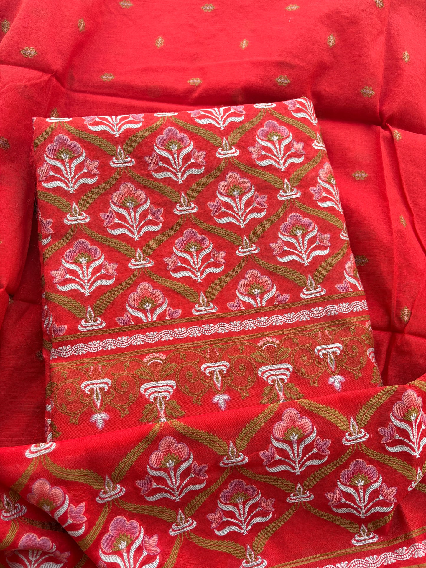 Red Chanderi brocade weaving suit set