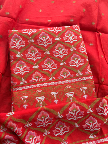 Red Chanderi brocade weaving suit set