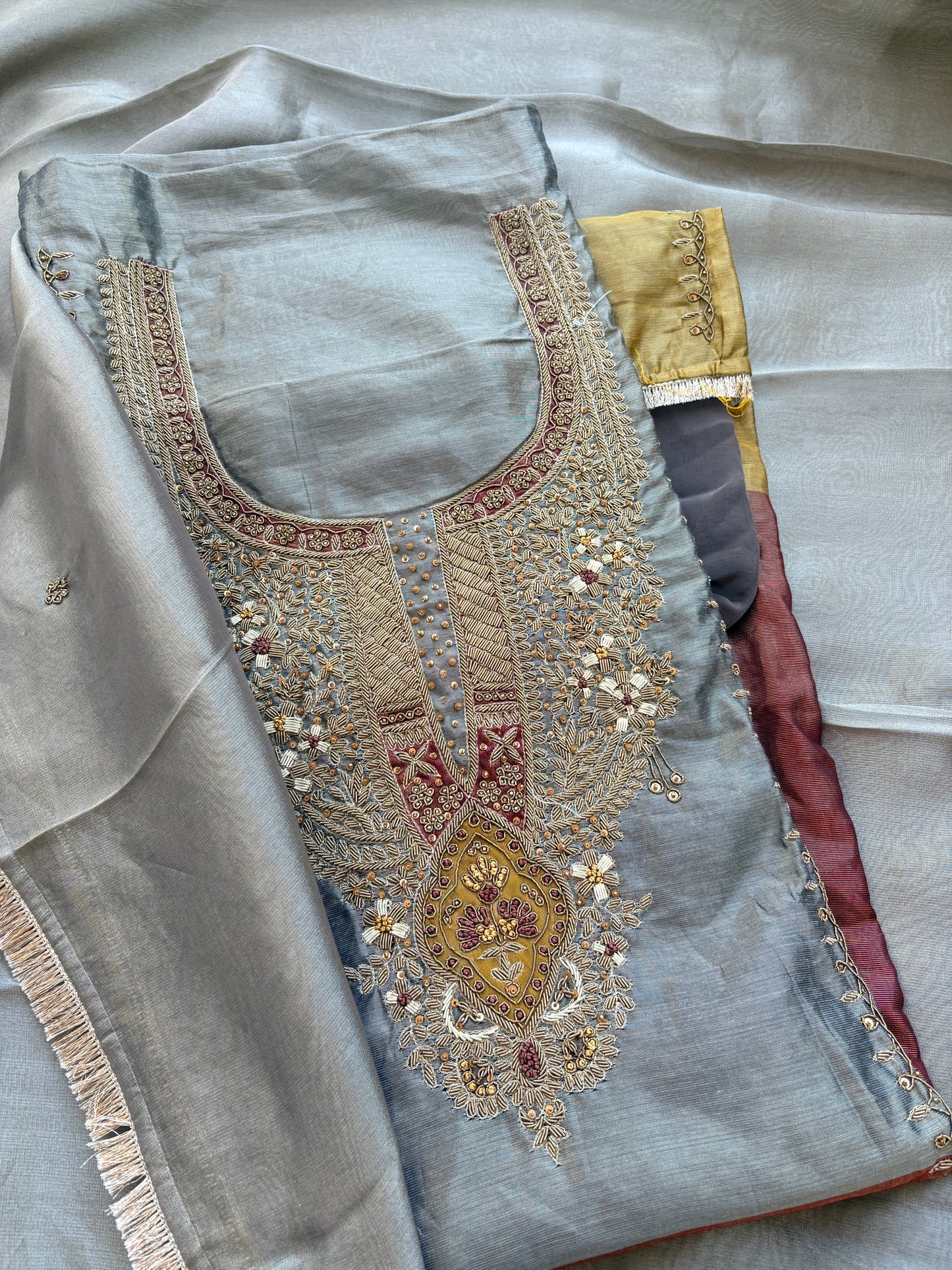 Grey 3 colored tissue hand embroidered suit set