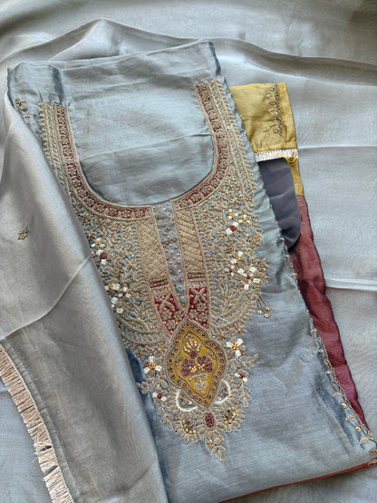 Grey 3 colored tissue hand embroidered suit set