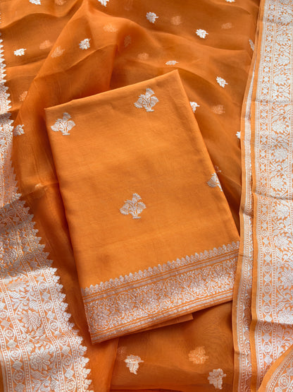 Orange Chiniya kora silk pure silver zari suit set