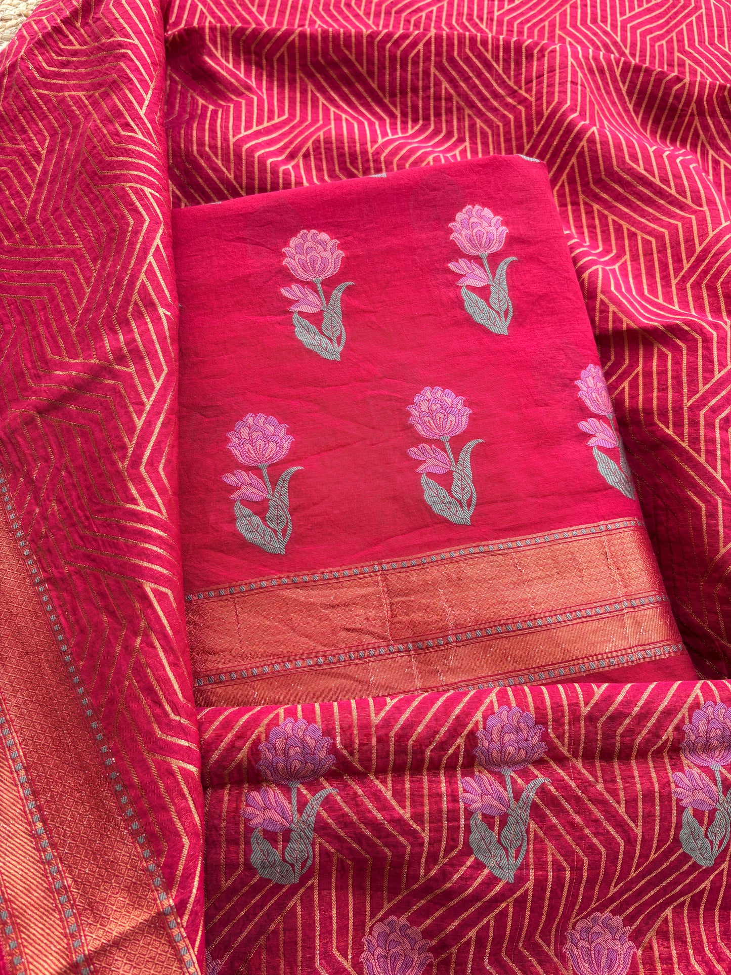 Rani red Chanderi flower weaving suit set