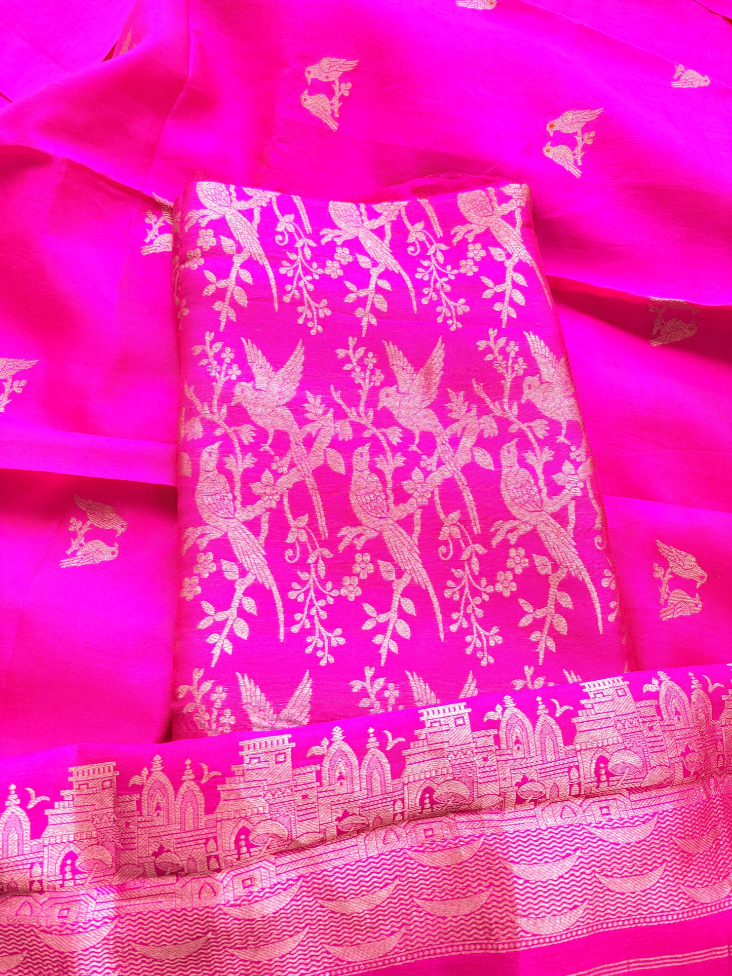 Pink brocade silk suit set with silk bird dupatta