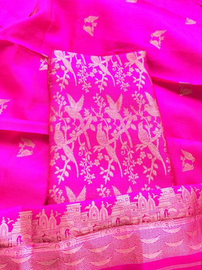 Pink brocade silk suit set with silk bird dupatta