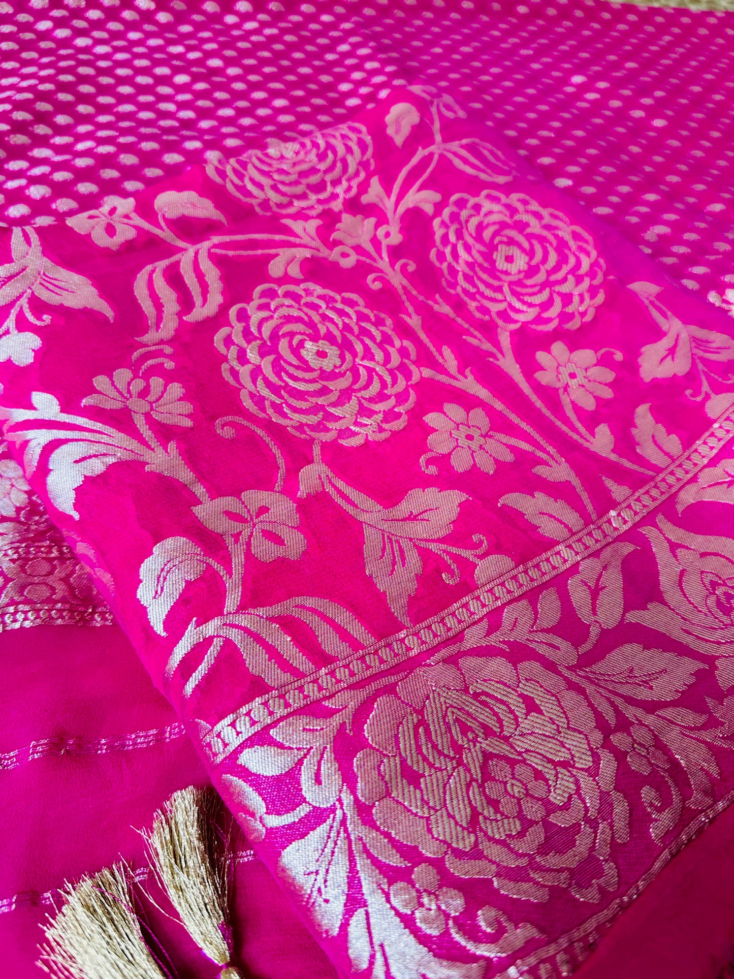 Hot pink khaddi georgette 2 pieces set, heavy zari work.