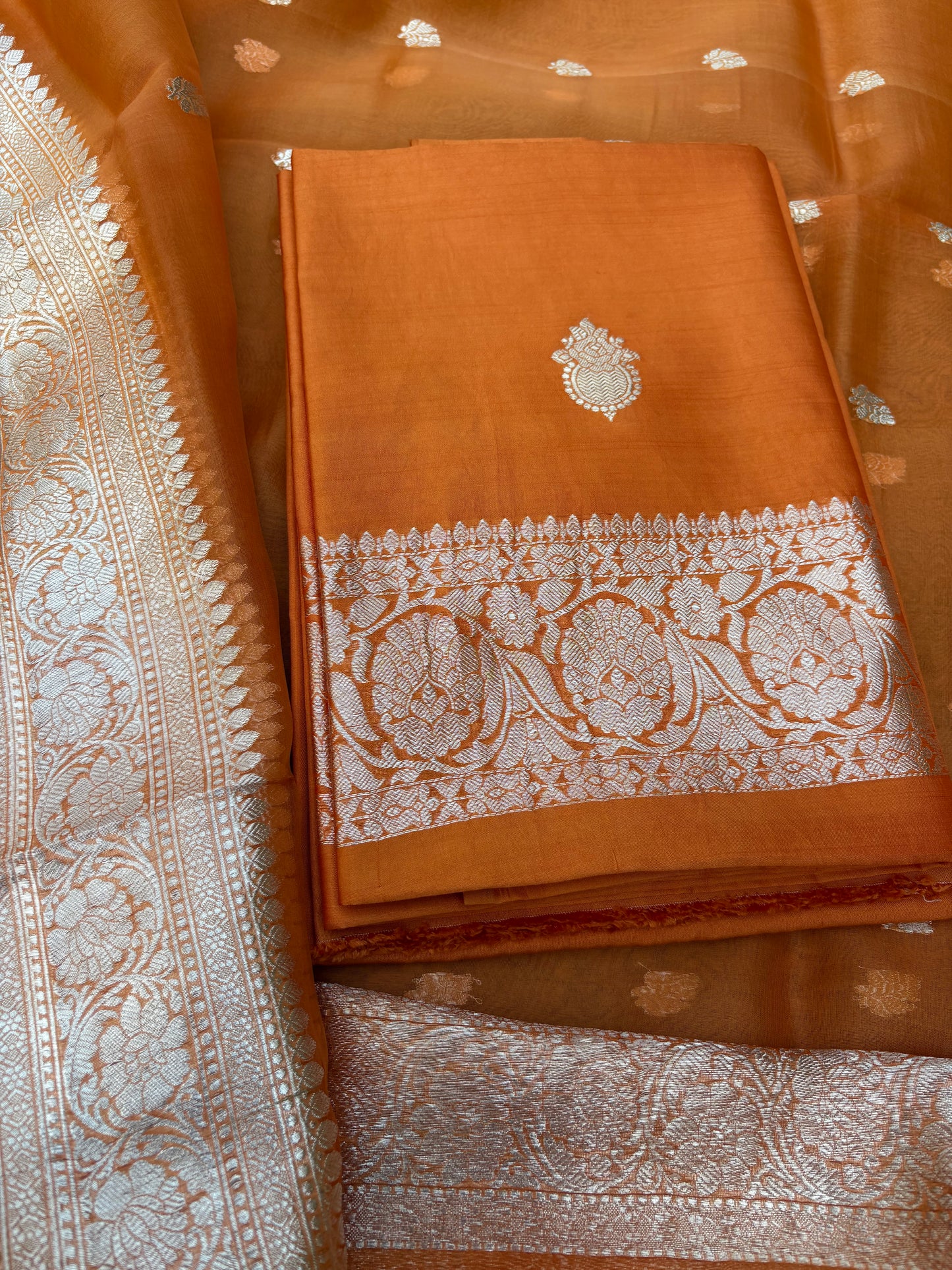 Orange Chiniya silver zari suit set