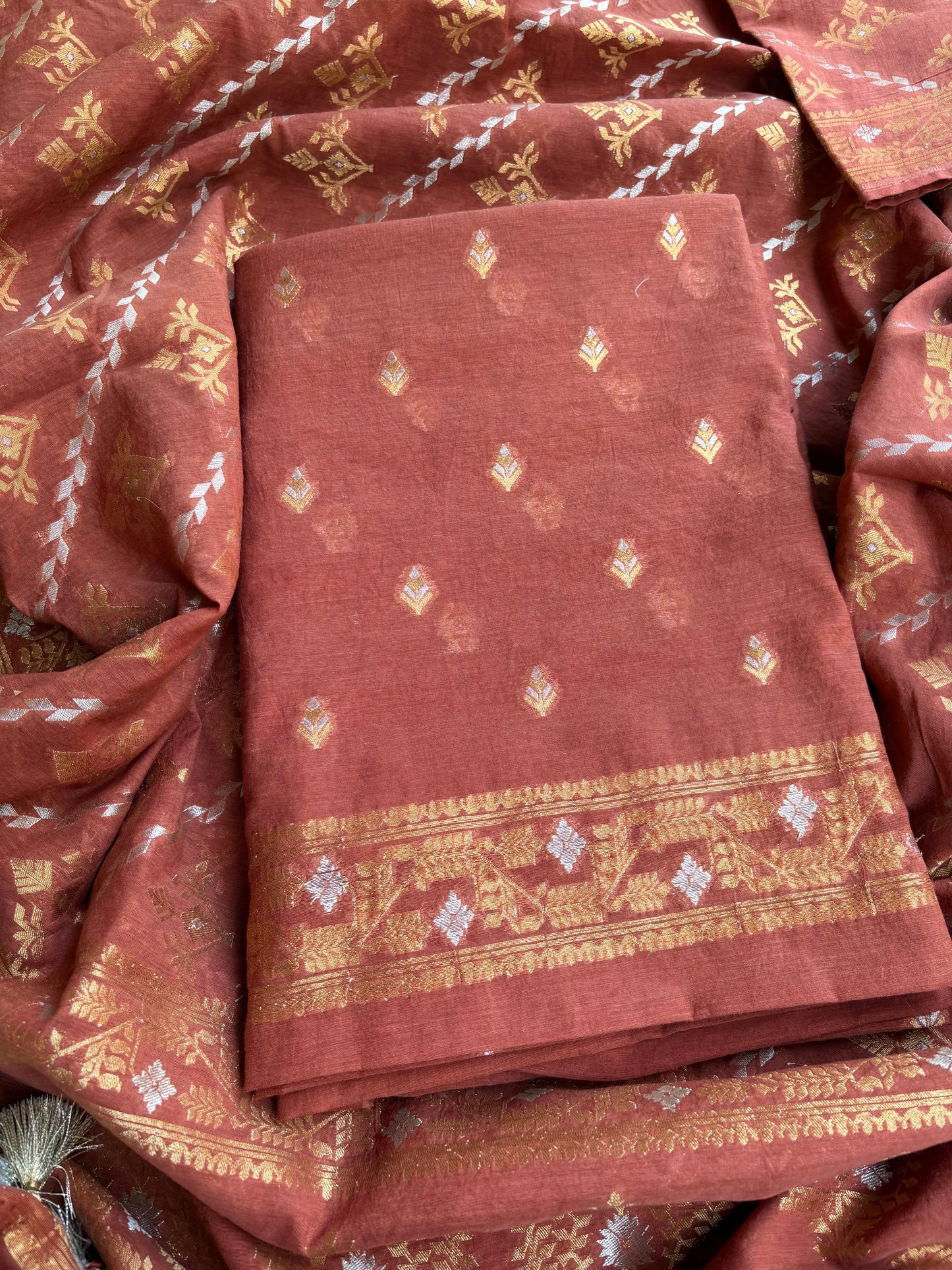 Rust jamdani weaving 3 piece suit set