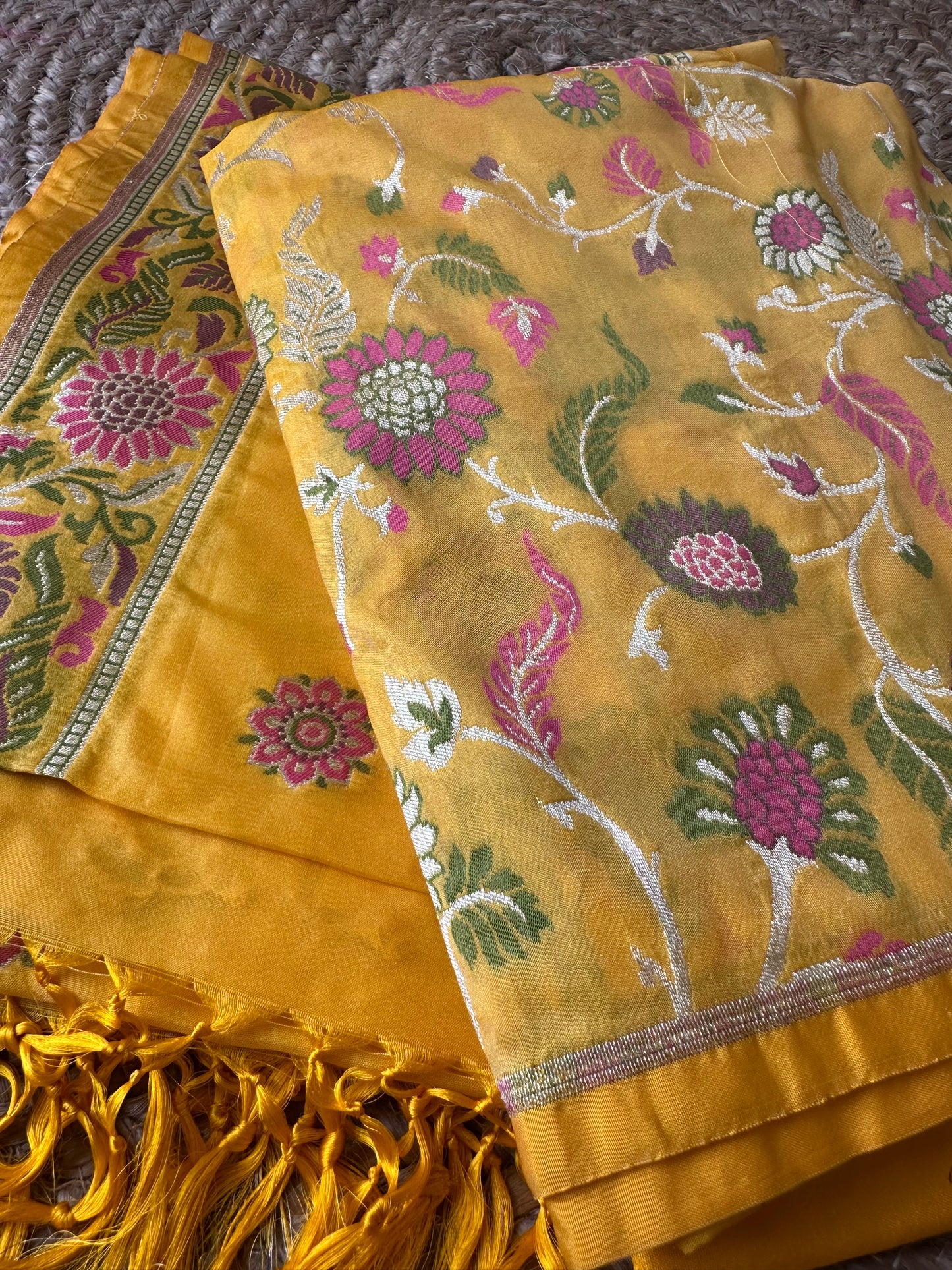 Yellow Chiniya silk full Jaal weaving 3 piece suit.