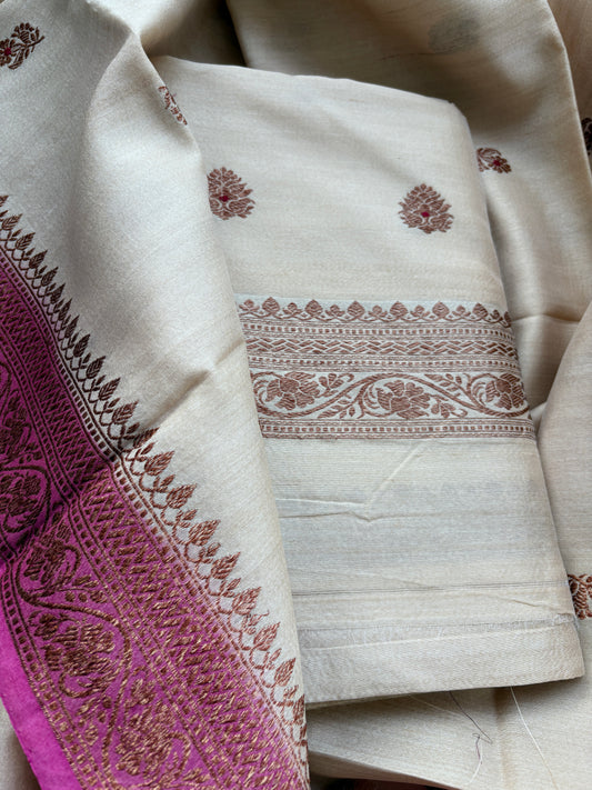 Cream tussar silk suit with pink shaded dupatta