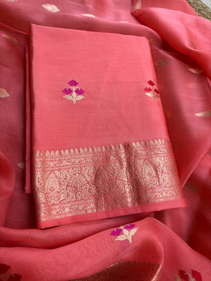 Peach Chiniya kora silk suit ( hand brushed border)