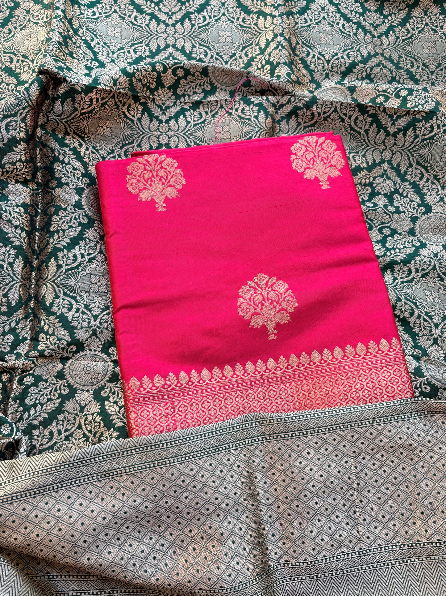 Pink katan silk kurta, bottom and green heavy dupatta