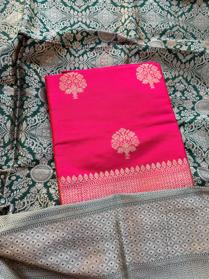 Pink katan silk kurta, bottom and green heavy dupatta