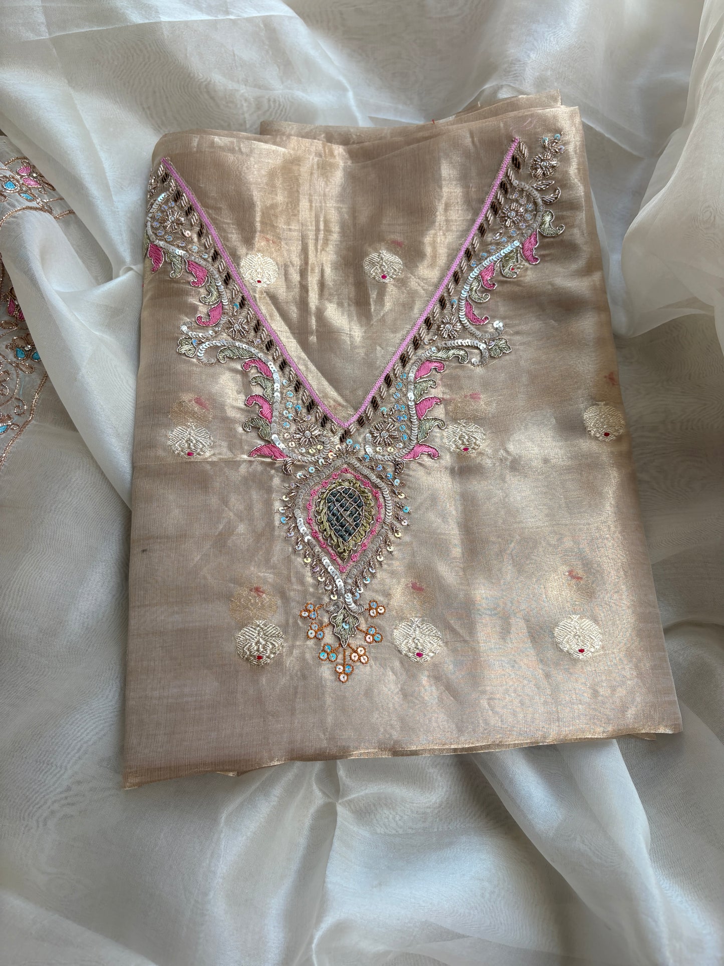 Tissue hand embroidered suit with kora embroidered dupatta