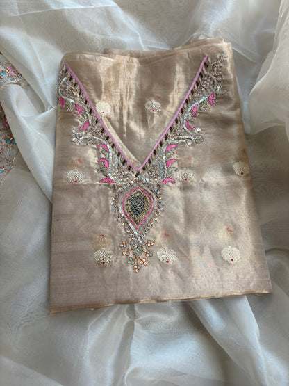 Tissue hand embroidered suit with kora embroidered dupatta