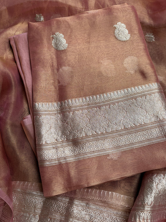 Pink tissue suit set with two sided border dupatta