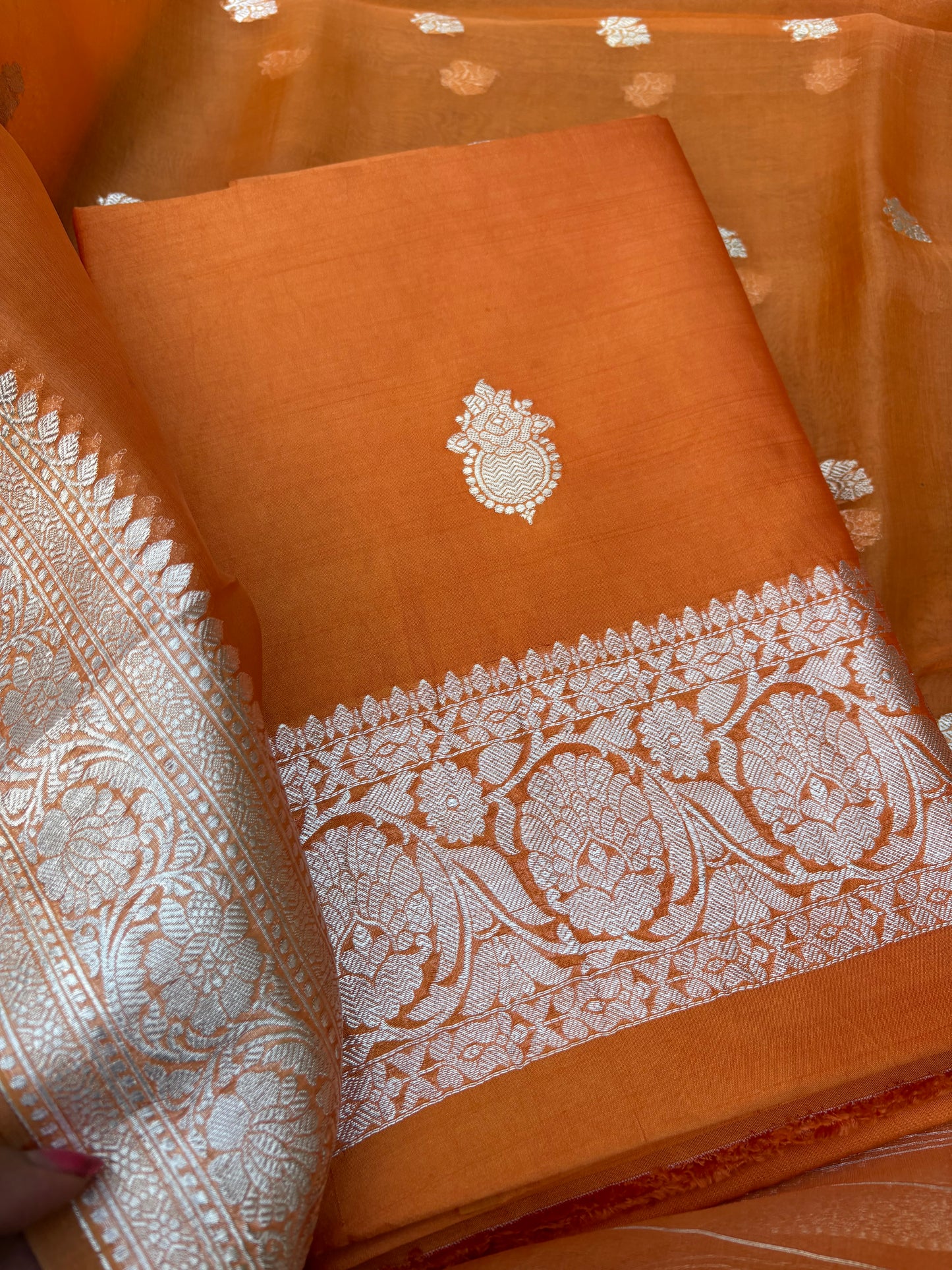 Orange Chiniya silver zari suit set