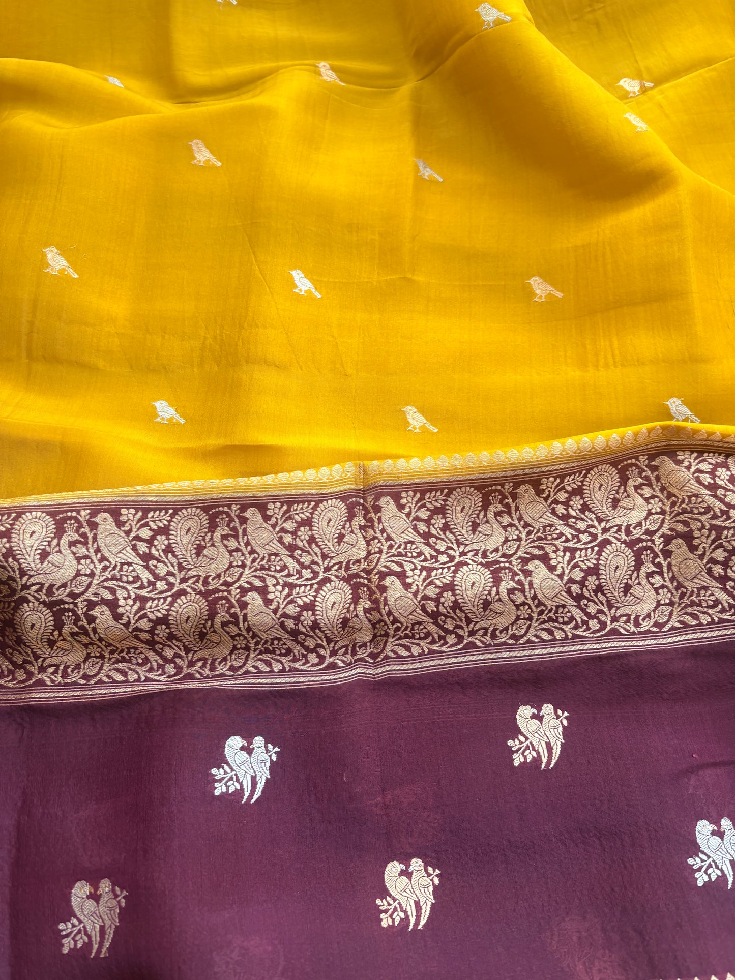 Mustard Kora silk suit set with shaded dupatta