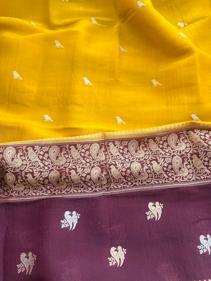 Mustard Kora silk suit set with shaded dupatta