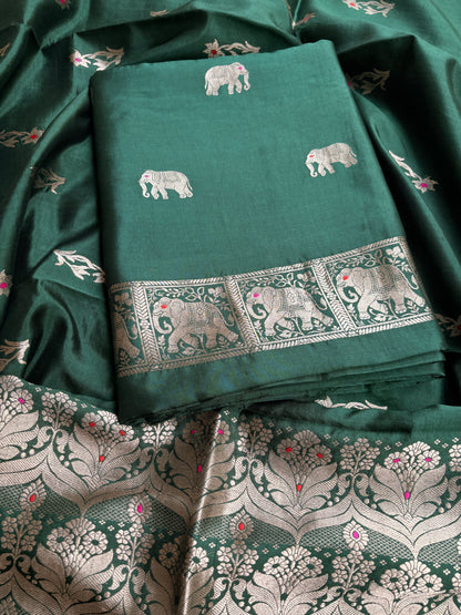 Green pure silk kadhwa figure motif suit set