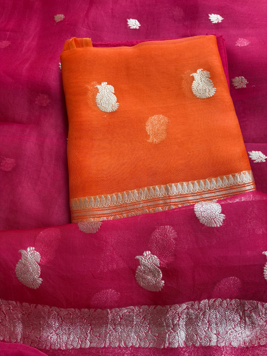 Orange pink kora kadhwa silver zari suit set