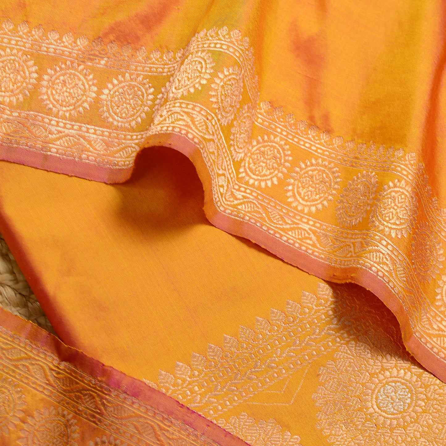 Mustard yellow dhoop chau katan silk suit
