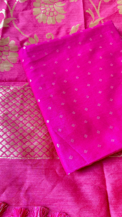 Rani pink moonga silk kurta, moonga bottom, carrot pink dupatta