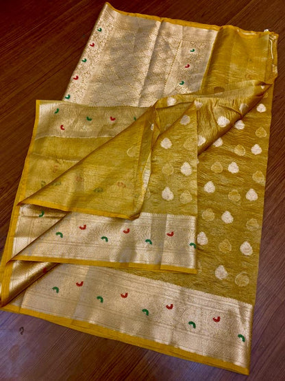 Mustard Premium tissue meendar border saree