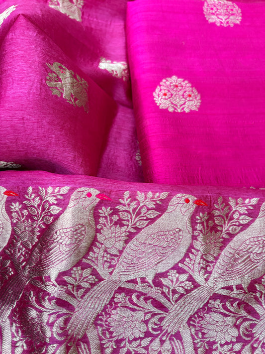 Pink raw silk kurta, bottom, kora tissue kadhwa dupatta.
