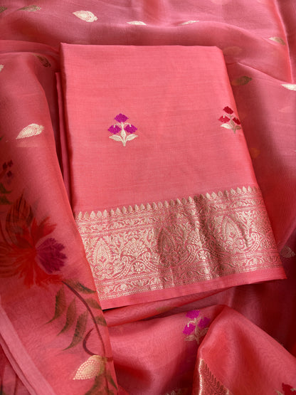 Peach Chiniya kora silk suit ( hand brushed border)