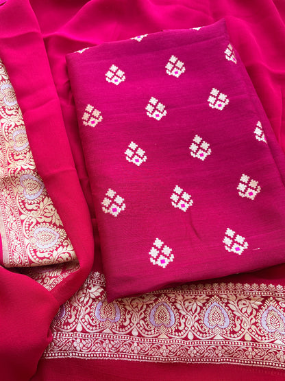 Pink moonga silk suit with Khaddi georgette kadhwa dupatta