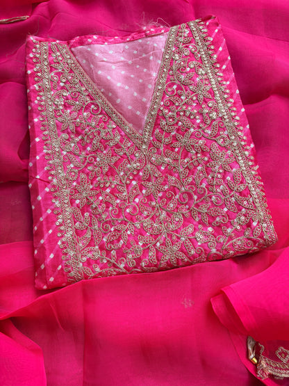 Pink hand embroidered bandhani suit set