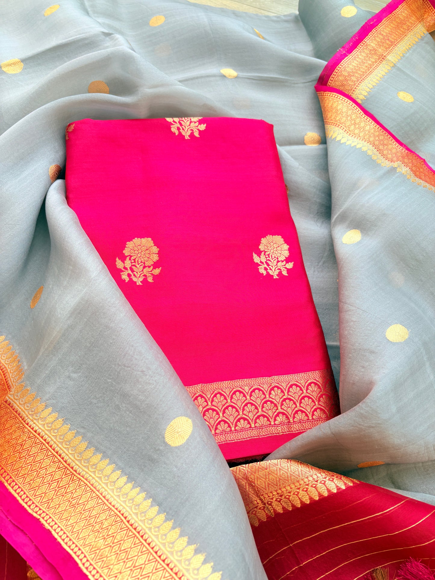 Pink chiniya silk kurta , bottom and kora silk dupatta