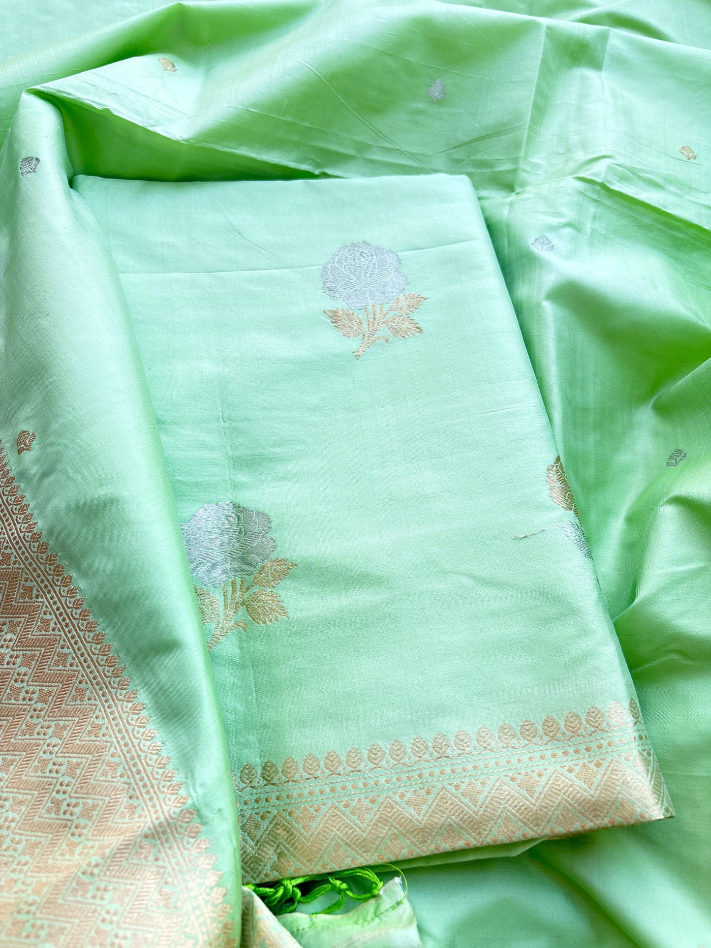 Light green katan by katan  silk kadhwa suit set