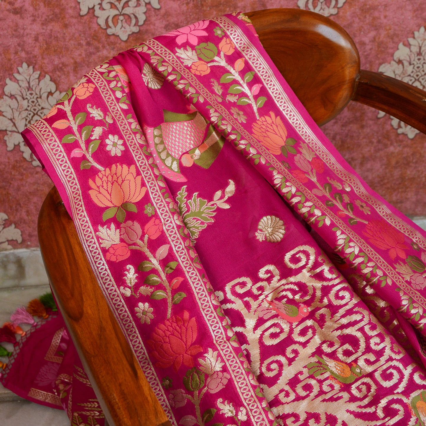 Pink Khaddi georgette handwoven dupatta