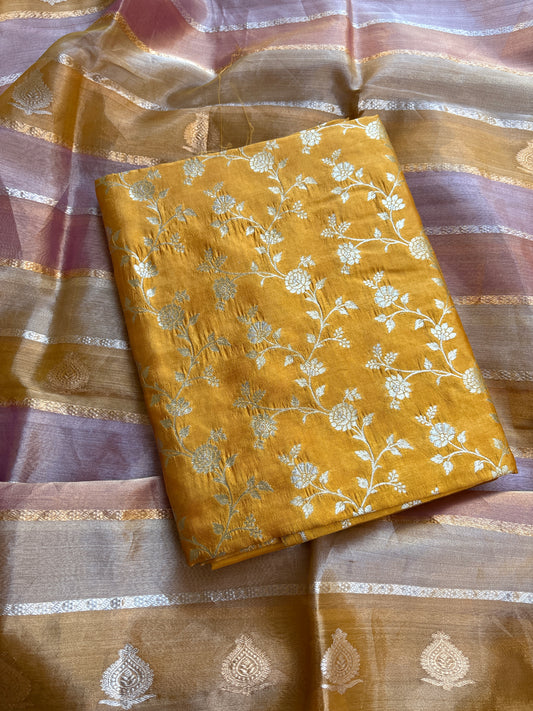 Yellow Chiniya silk kurta bottom and kora tissue dupatta
