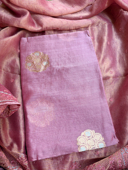 Pink handloom silk kadhwa kurta, bottom, tissue kadhwa dupatta
