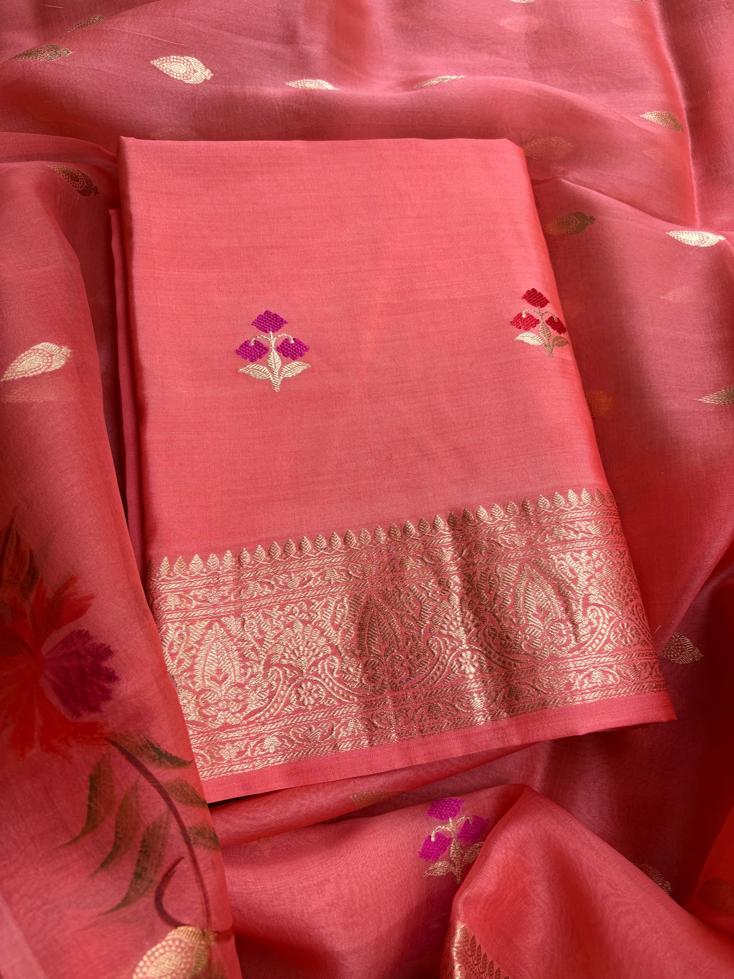 Peach Chiniya kora silk suit ( hand brushed border)