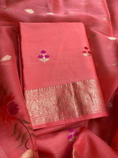 Peach Chiniya kora silk suit ( hand brushed border)