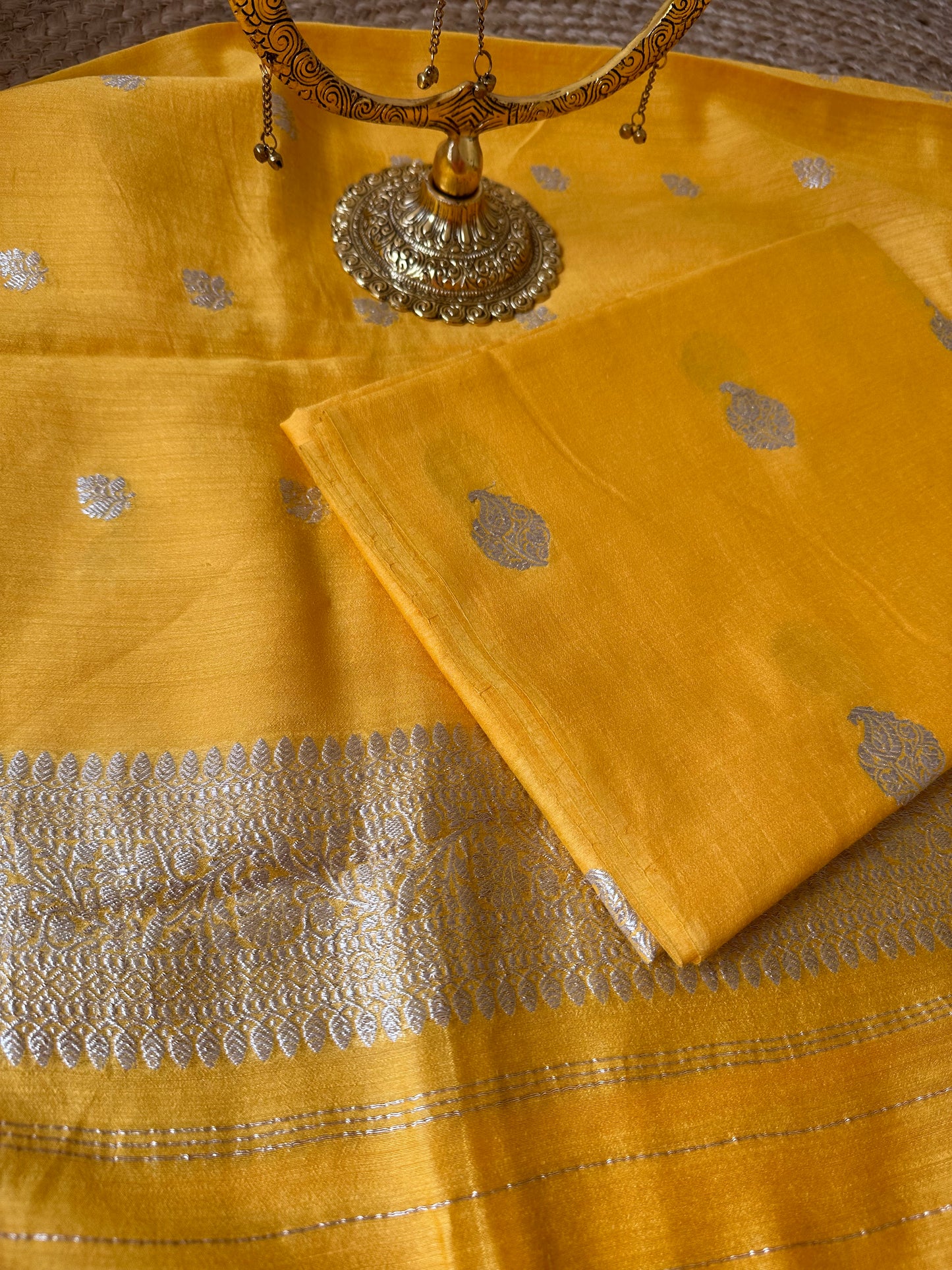 Yellow Silver zari moonga silk 3 piece suit set