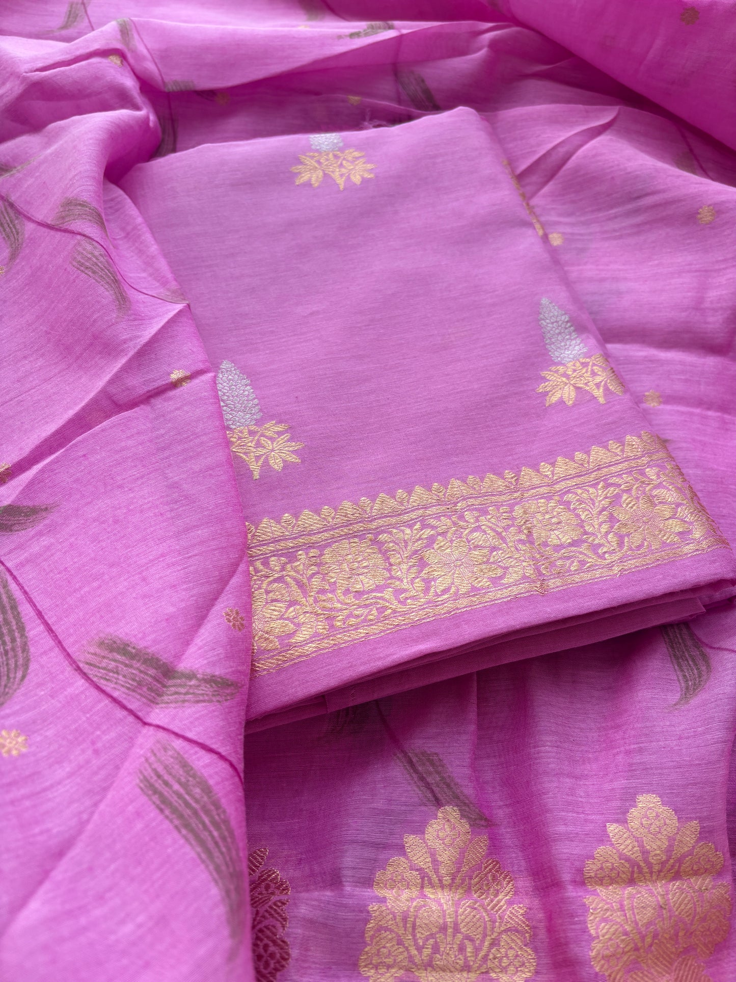 Pink cotton kadhwa silk suit set