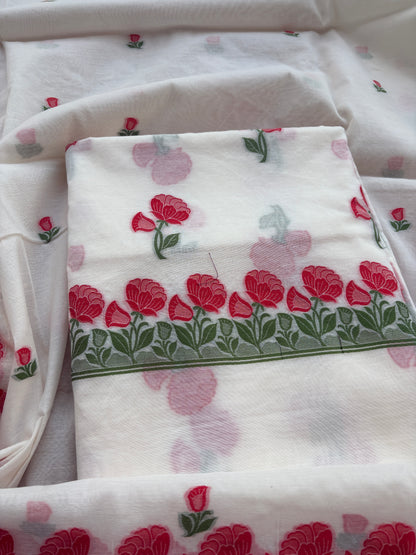 White Chanderi meenadar flower suit set