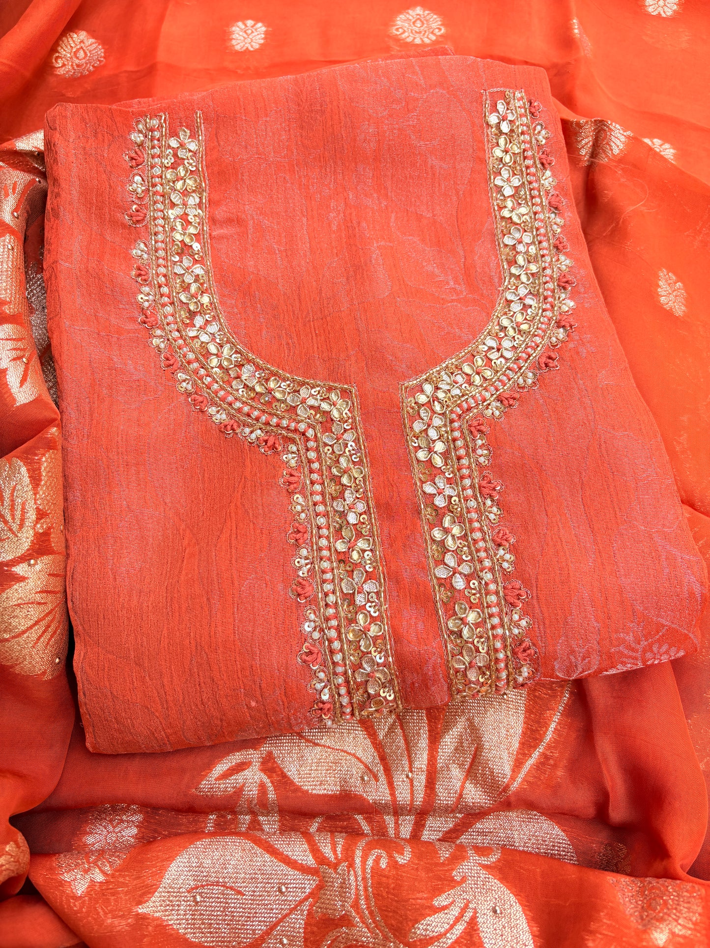 Peach orange tissue silk 3 piece  suit set