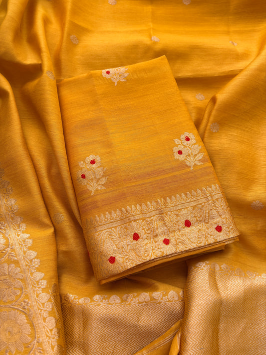 Yellow moonga silk kadhwa suit set