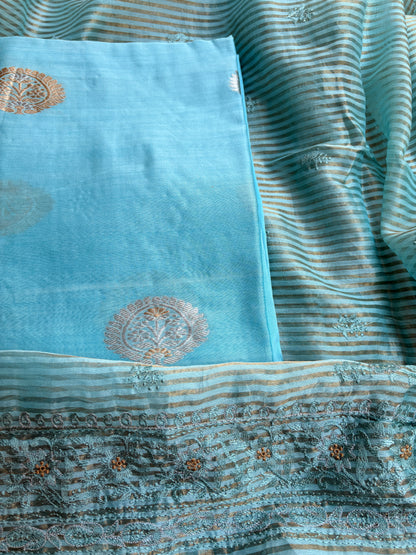 Blue handloom silk kurta, bottom tissue kadhwa dupatta.