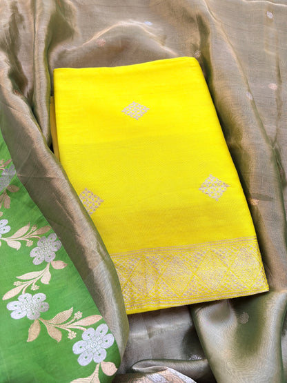 Yellow Chiniya silk with green tissue dupatta
