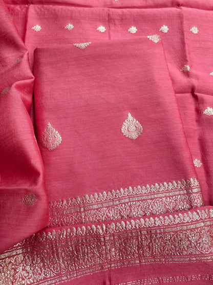 Peach moonga silk silver zari 3 piece suit set
