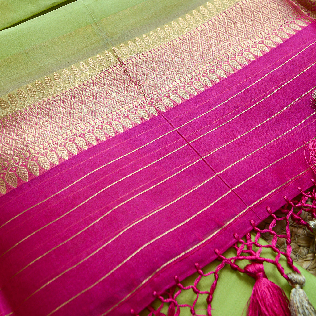 Green kora silk suit with pink shaded dupatta