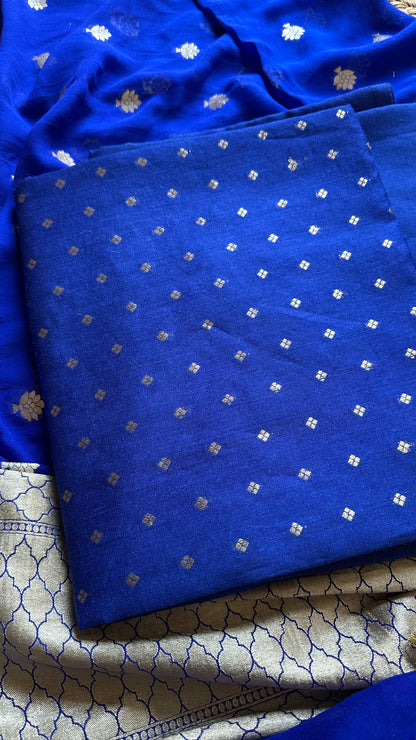 Blue pure moonga silk kurta, moonga silk bottom and georgette dupatta.