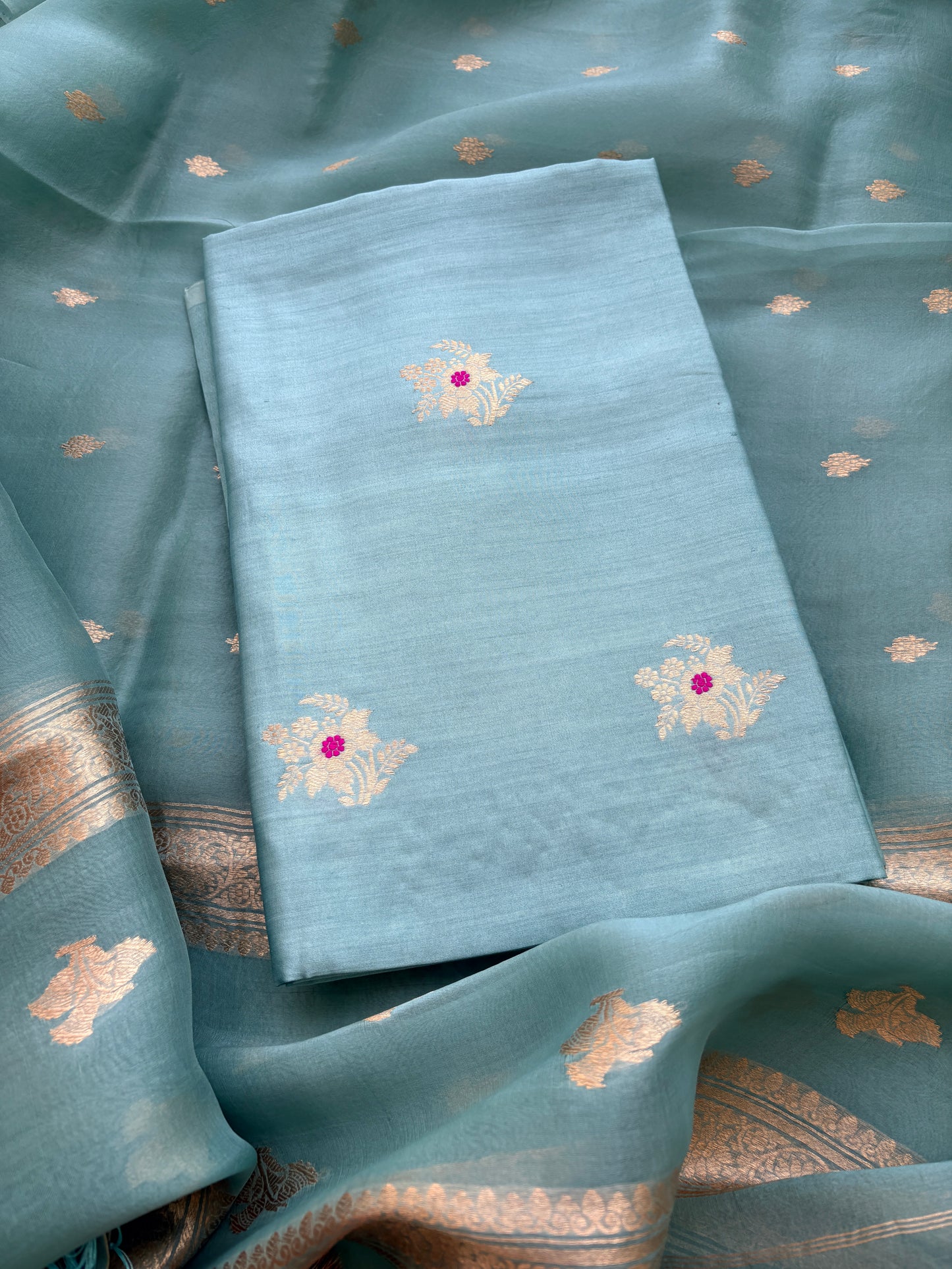 Blue Chiniya silk kora silk kadhwa suit set