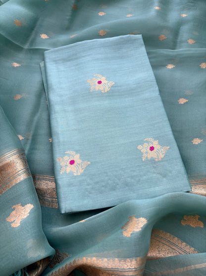 Blue Chiniya silk kora silk kadhwa suit set